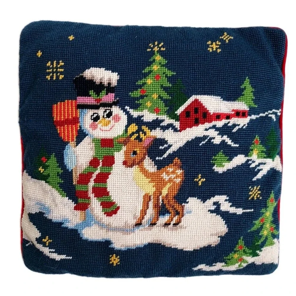 Vintage Frosty The Snowman & Rudolph Handmade Needlepoint Wool Pillow 14